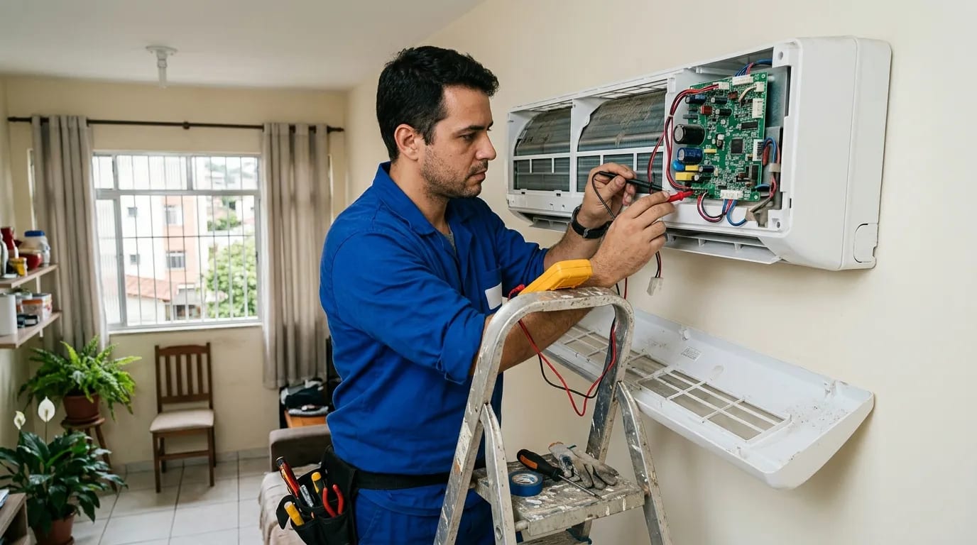 Eletricista ligando a placa do ar-condicionado split em Jaraguá do Sul‑SC
